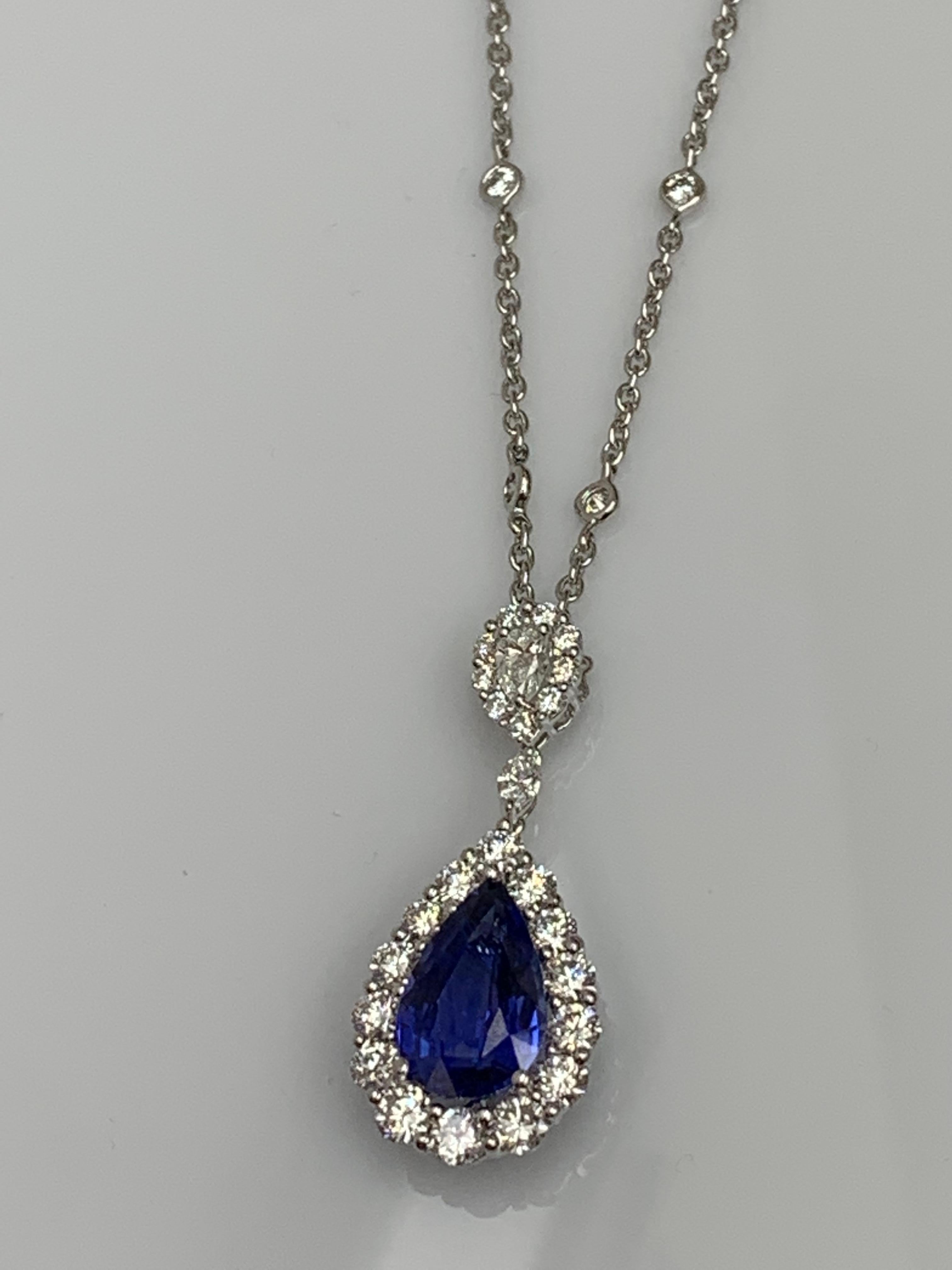 4.35 Carat Pear shape Sapphire and Diamond Drop Necklace in 18K White Gold For Sale 3