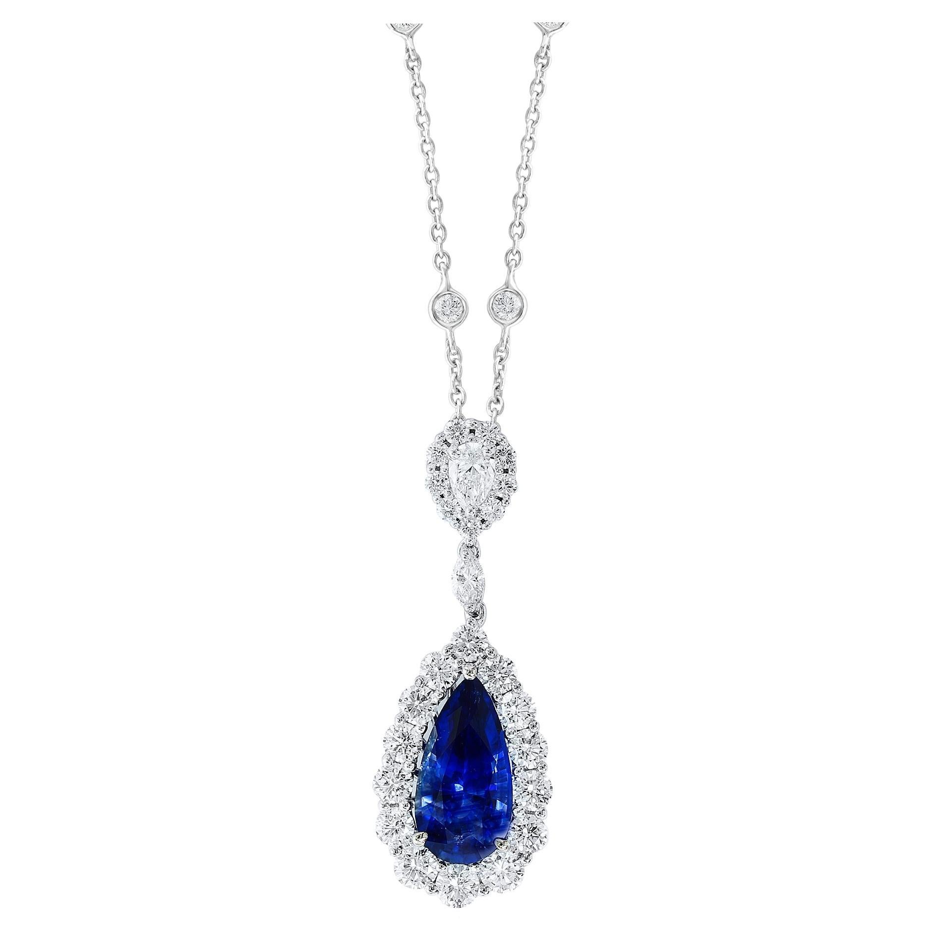 4.35 Carat Pear shape Sapphire and Diamond Drop Necklace in 18K White Gold For Sale