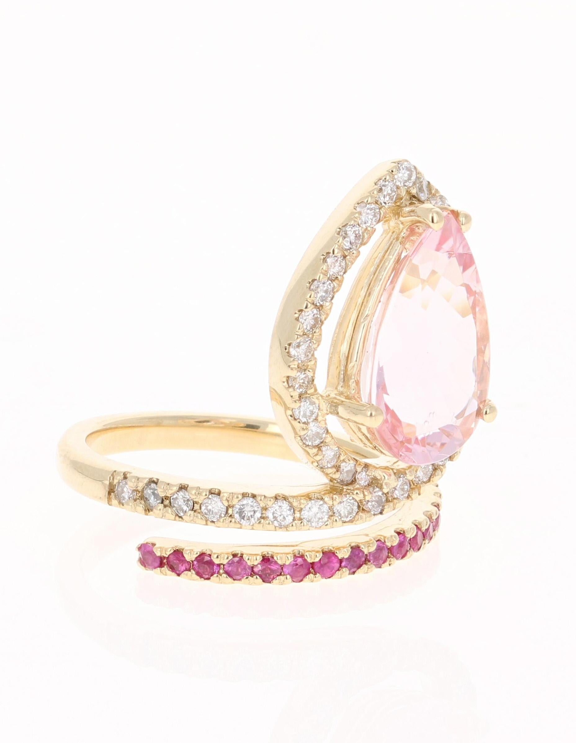 An affordable alternative to a Pink Diamond!

This beautifully and uniquely crafted ring has large Pear Cut Pink Morganite that weighs 3.48 carats as its center stone.  And it is surrounded by 36 Round Cut Diamonds that weigh 0.50 carats.  The
