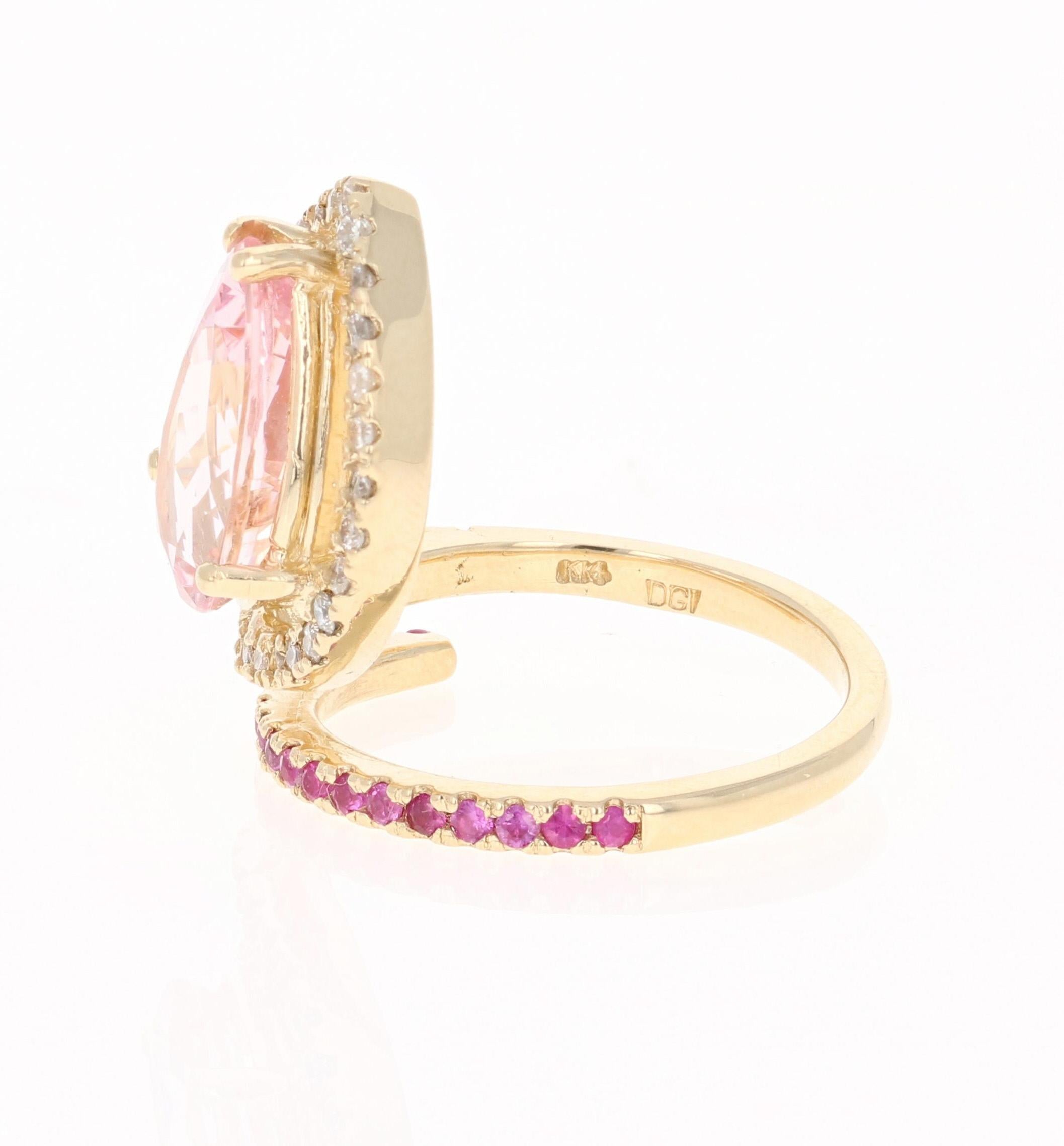 Modern 4.35 Carat Pink Morganite Sapphire Diamond 14 Karat Yellow Gold Cocktail Ring