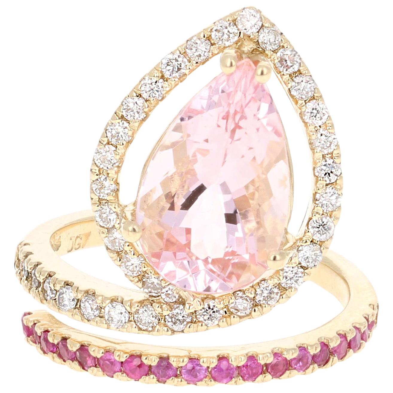 4.35 Carat Pink Morganite Sapphire Diamond 14 Karat Yellow Gold Cocktail Ring