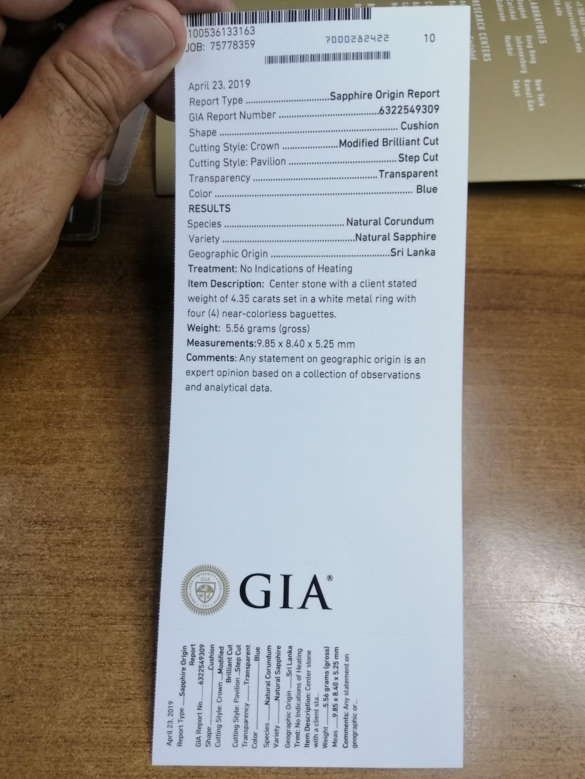 4.35 Carat Sri Lanka Sapphire GIA Certified Non Heated Ceylon Ring Cushion Cut 1