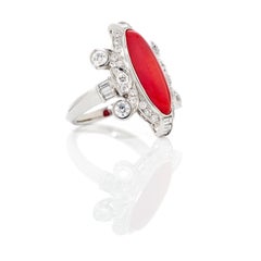 4.35 Carat Vintage Oxblood Coral and 2.07 Carat Diamond Ring Set in Platinum