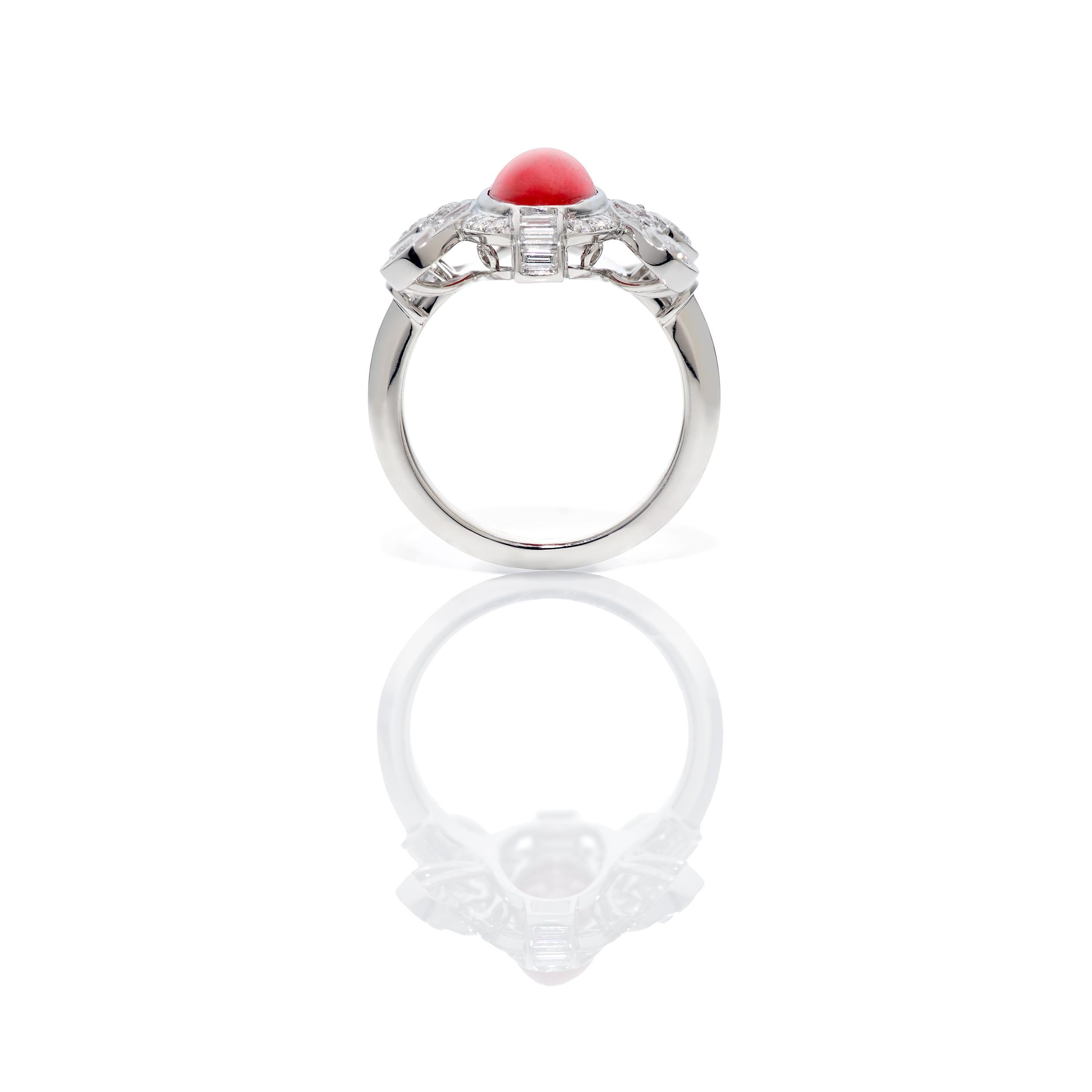 Modern 4.35 Carat Vintage Oxblood Coral and 2.07 Carats Diamond Ring Set in Platinum For Sale