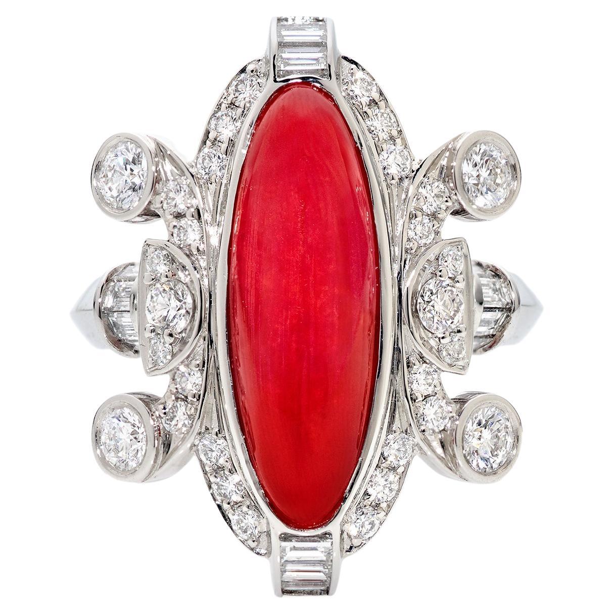 4.35 Carat Vintage Oxblood Coral and 2.07 Carats Diamond Ring Set in Platinum For Sale