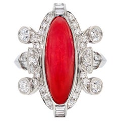 4.35 Carat Vintage Oxblood Coral and 2.07 Carats Diamond Ring Set in Platinum