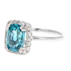 4.35 Carats Natural Blue Zircon and Diamond 14K Solid White Gold Ring