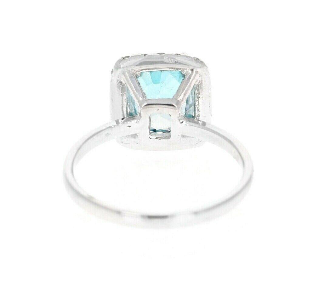 Mixed Cut 4.35 Carats Natural Blue Zircon and Diamond 14K Solid White Gold Ring For Sale