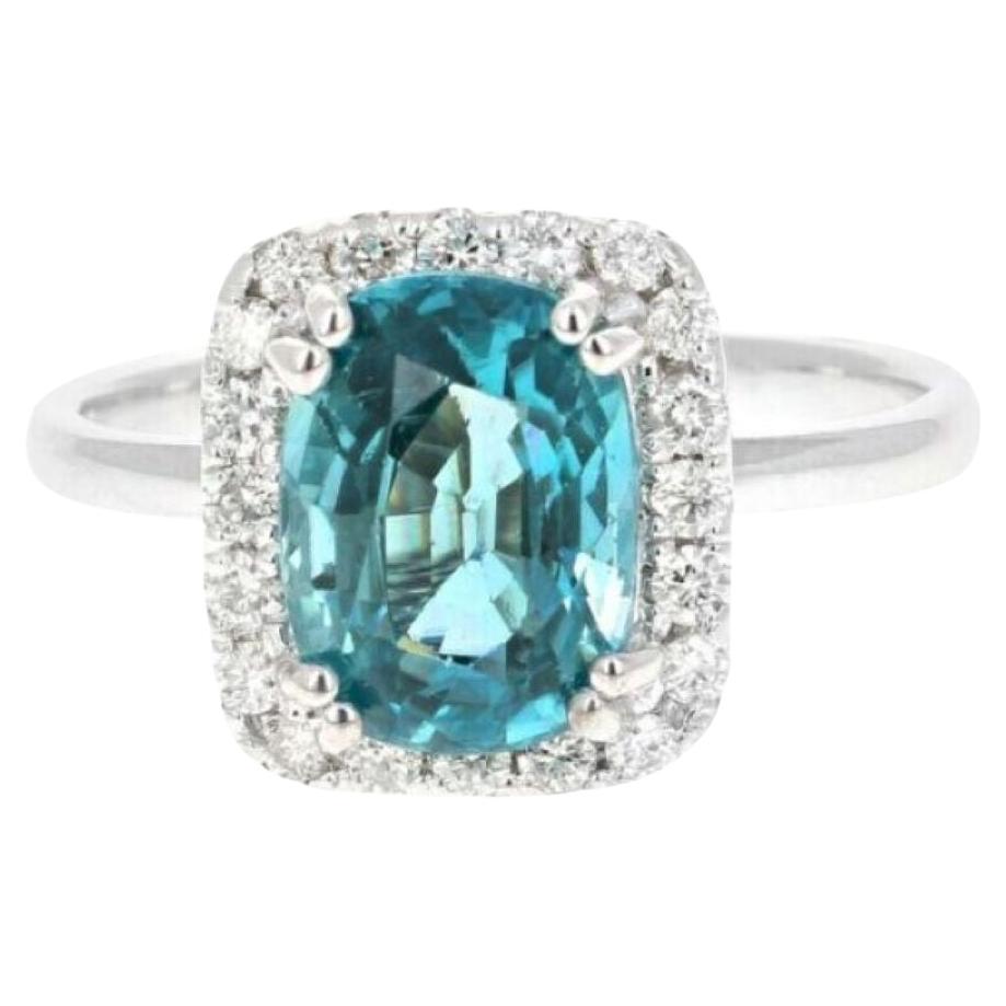 4.35 Carats Natural Blue Zircon and Diamond 14K Solid White Gold Ring For Sale