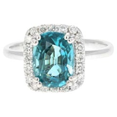4.35 Carats Natural Blue Zircon and Diamond 14K Solid White Gold Ring