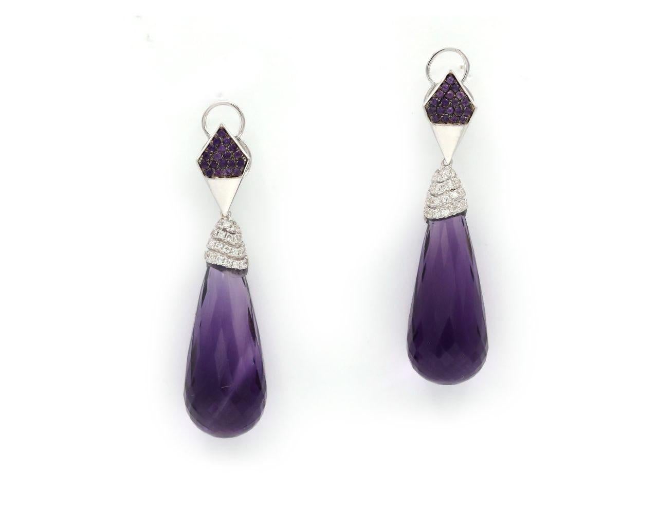 43.538 Carat Amethyst Round Diamond 18 Karat White Gold Dangle Earrings In New Condition For Sale In Montreux, VD