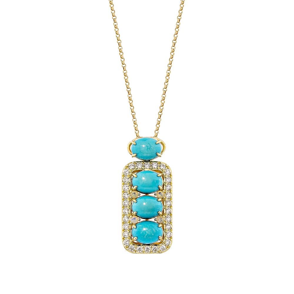 Sunita Nahata presents a one-of-a-kind collection of Turquoise Pendant, with a set of four in a traditional oval cut. This Pendant exemplify the style and elegance that modern women wish to display, with the stones set in a single, straight line.