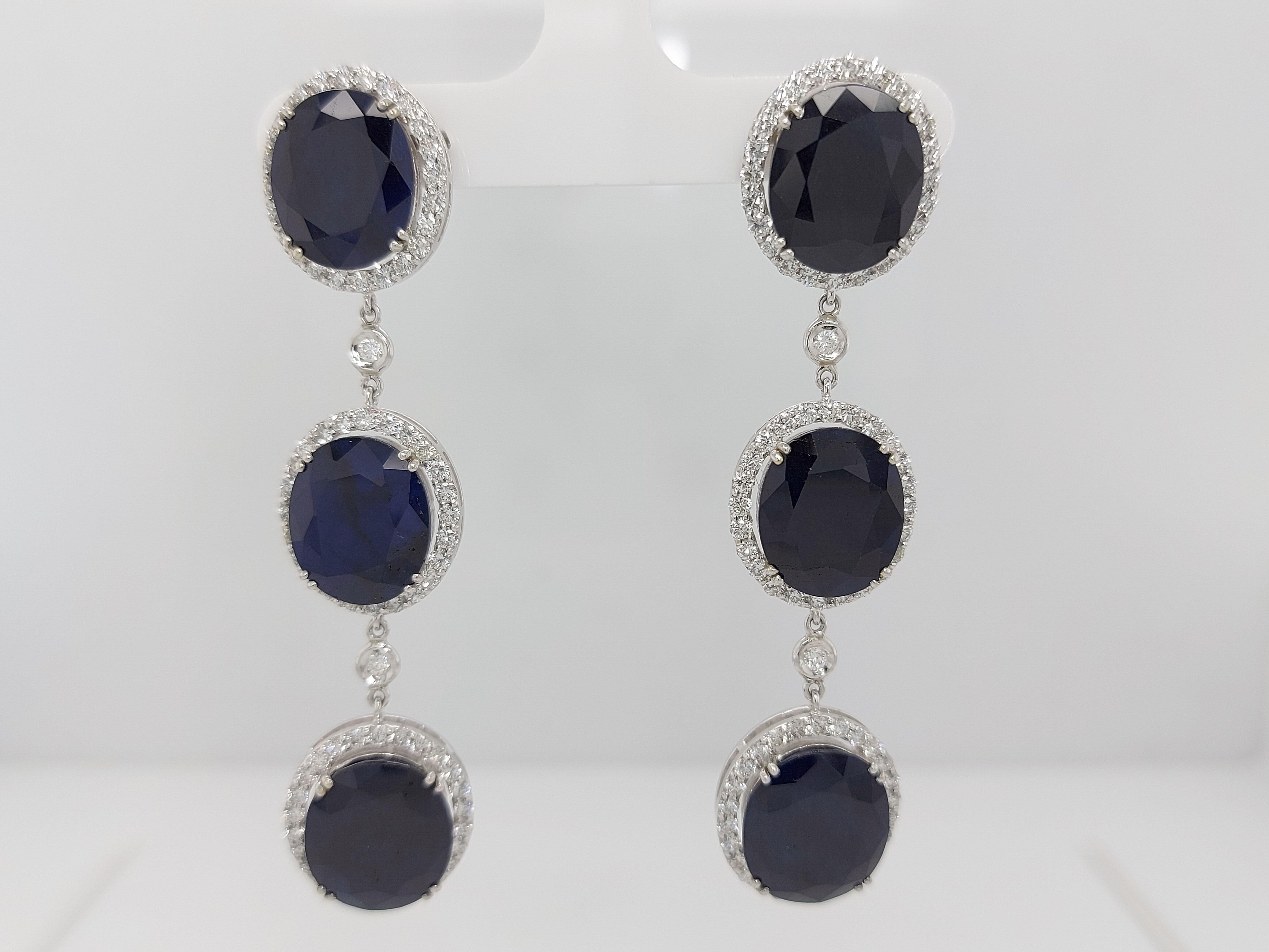 Oval Cut 18kt White Gold Earrings 43.56ct Sapphire, 3.51ct Diamond For Sale