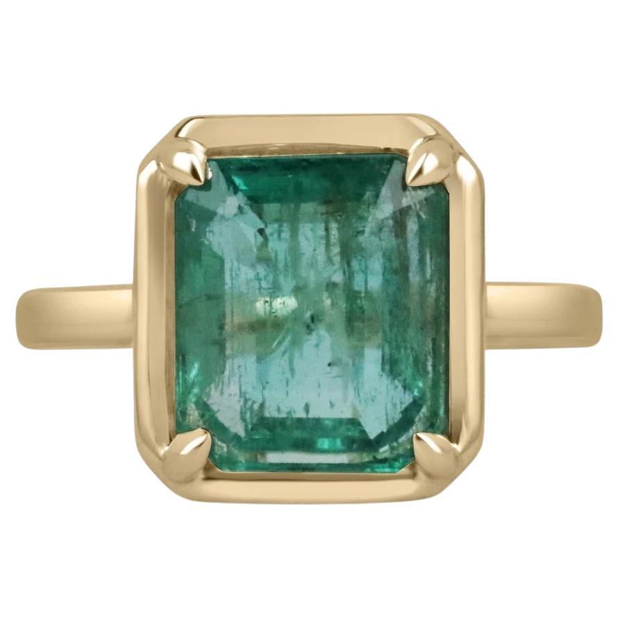 4.35ct 14K Natural Mossy Green Emerald Cut Emerald 4 Prong Set Solitaire Ring For Sale