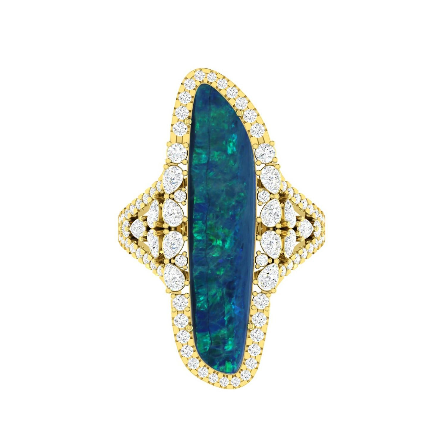 Artisan's beautiful and One-of-A-Kind Diamond Opal 18K Yellow Gold Ring in size 7. 

18k Gold: 5.8gms
Diamond: 1.34cts
Opal: 4.35cts


