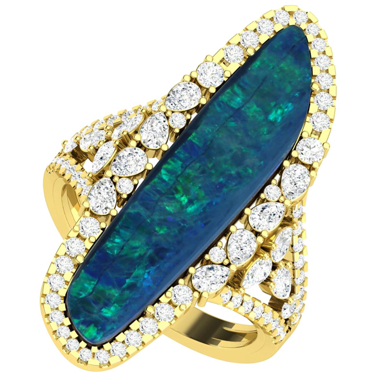4.35ct Opal Ring With Diamonds Made In 18 Karat Yellow Gold  For Sale