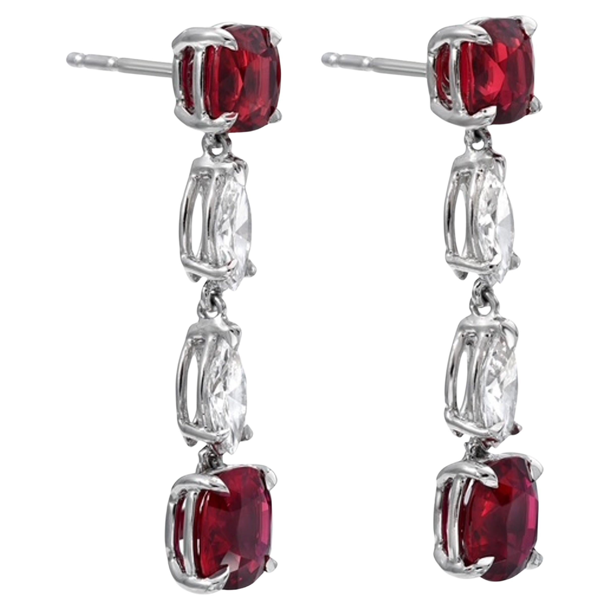 Orecchini in platino con rubino non riscaldato e diamanti 4,35 - Regalo romantico di lusso