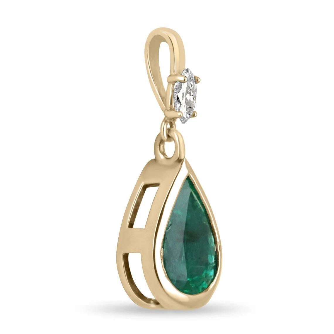 A lovely emerald and diamond necklace. The center of attention is the stunning teardrop/pear-cut emerald that showcases a ravishing dark green color with very good clarity and luster. Bezel set and hung by a vertical set marquise cut diamond that