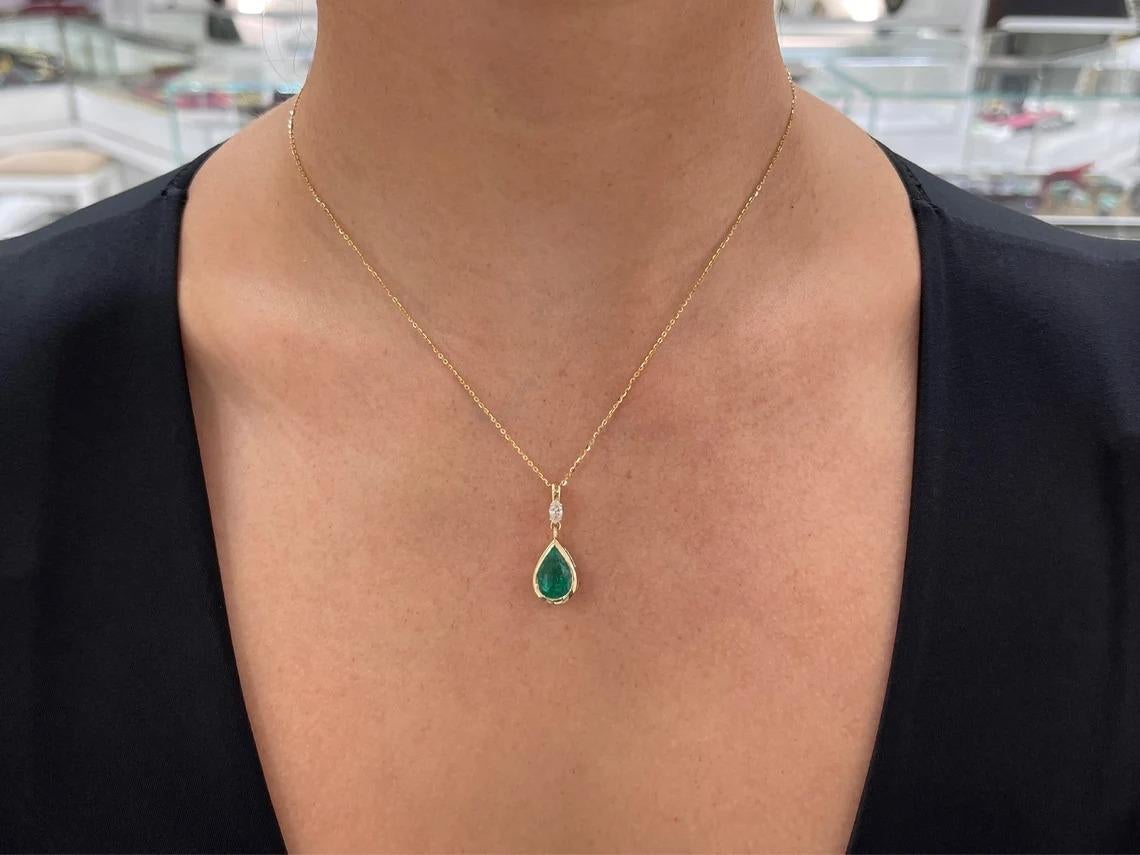 4.35tcw 14K Natural Dark Green Pear Emerald & Marquise Diamond Accent Pendant  For Sale 1