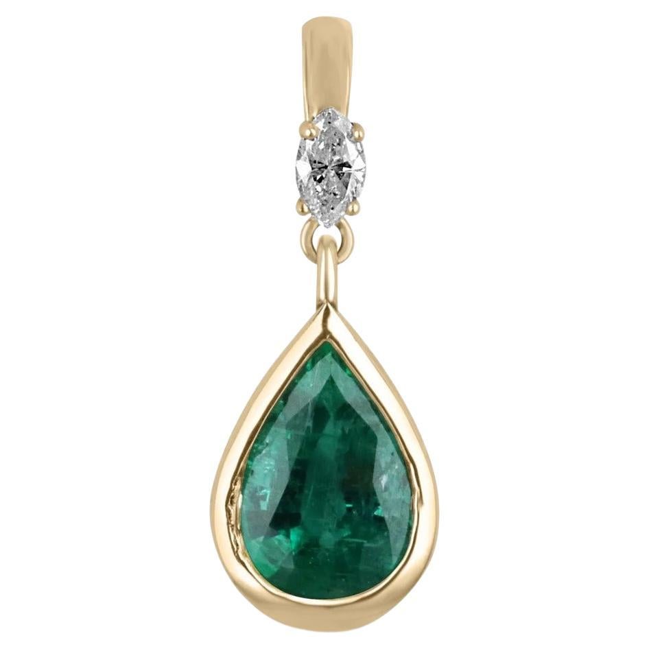 4.35tcw 14K Natural Dark Green Pear Emerald & Marquise Diamond Accent Pendant  For Sale