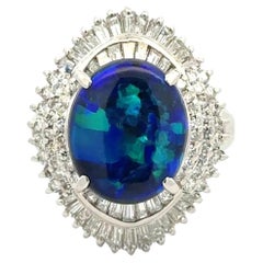 4.36 Carat Black Opal and Diamond Platinum Double Halo Vintage Cocktail Ring