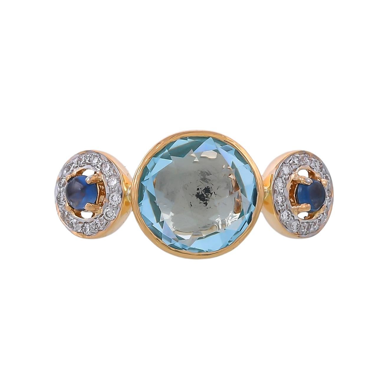 4.36 Carat Blue Topaz Blue Sapphire and Diamond 18 Karat Yellow Gold Ring For Sale