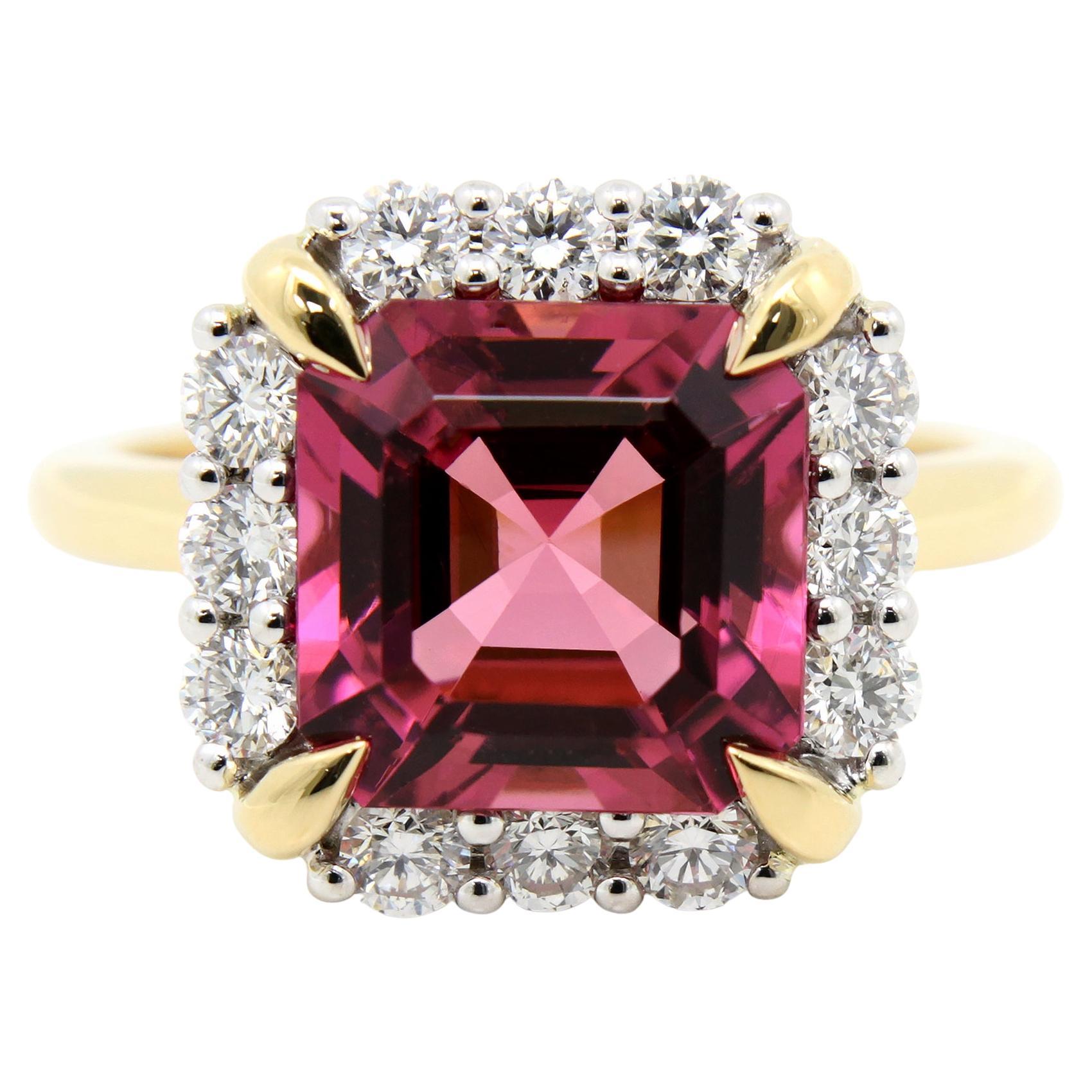 4.36 Carat Mozambique Rubellite Diamond Halo Cocktail Ring