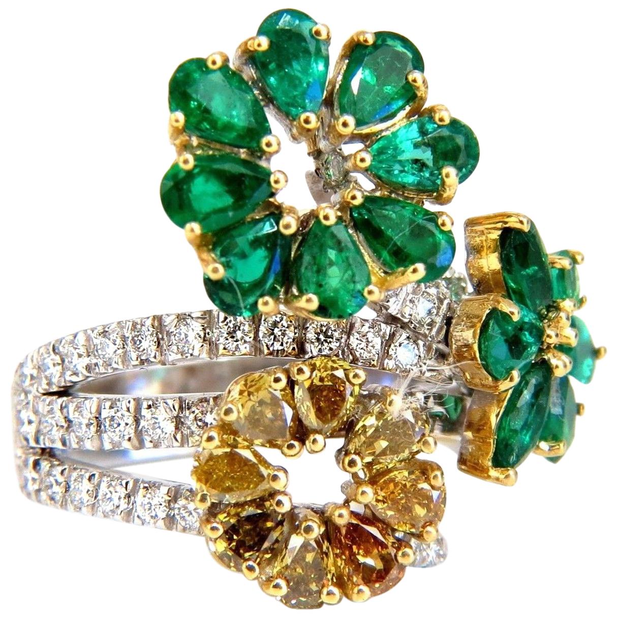 4.36 Carat Natural Emeralds Diamond Cocktail Cluster Ring 18 Karat For Sale