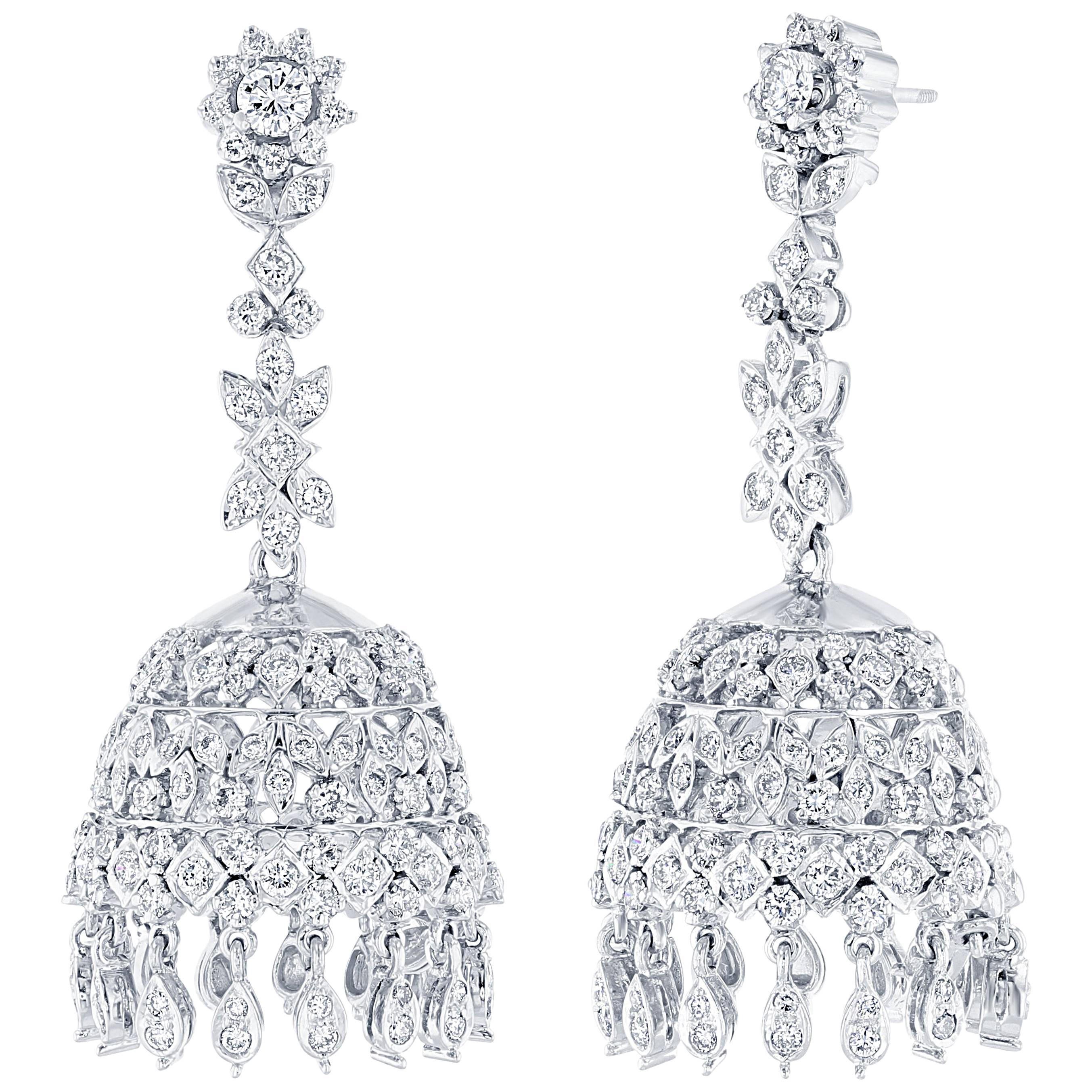 4.36 Carat Natural Round Cut Diamond Chandelier Earrings 18K Gold