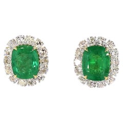 4.36 Carat Old European Cut Diamond Emerald Gold Earrings
