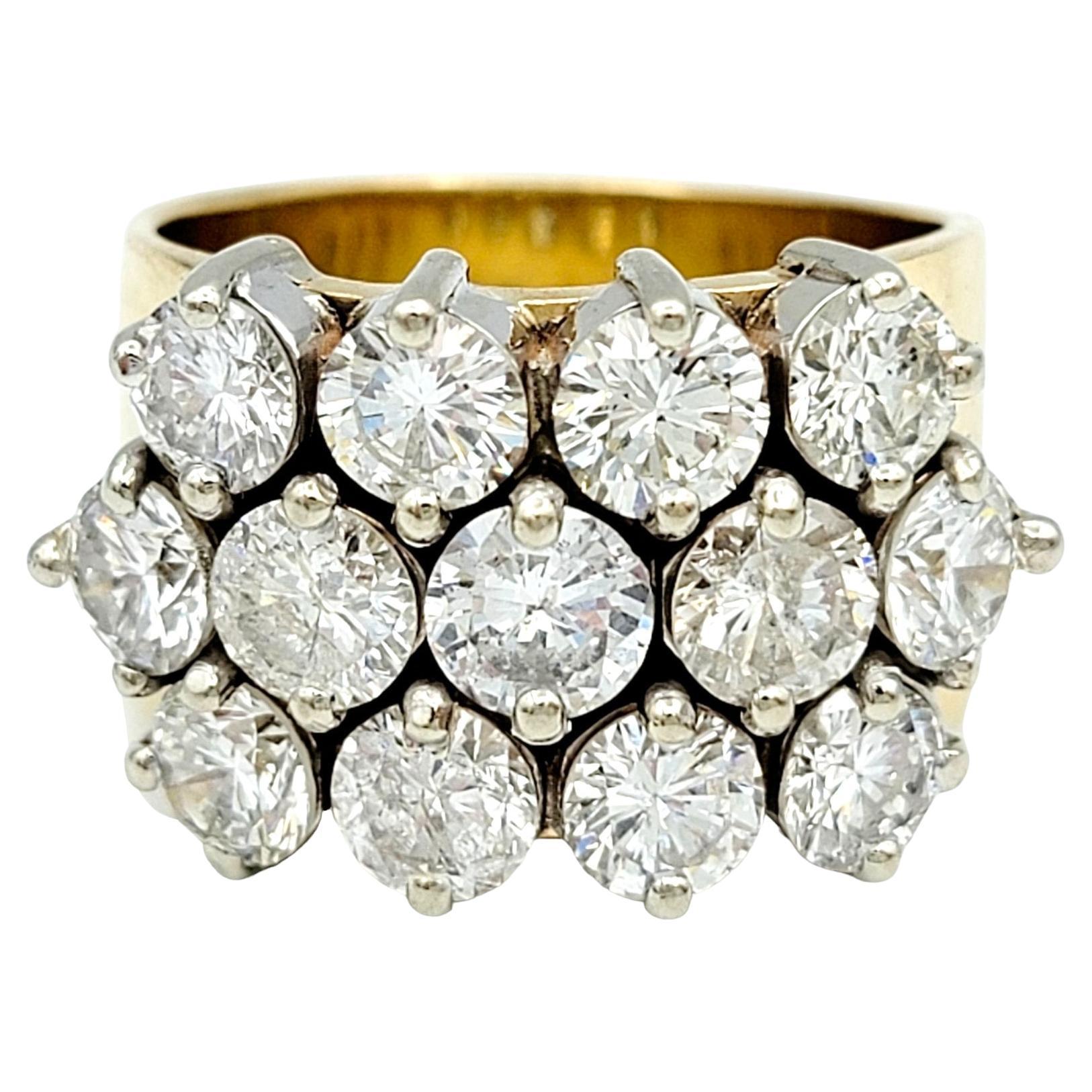 Contemporary 4.36 Carat Total Round Diamond Multi-Row Wide Band Ring in 14 Karat Yellow Gold  For Sale