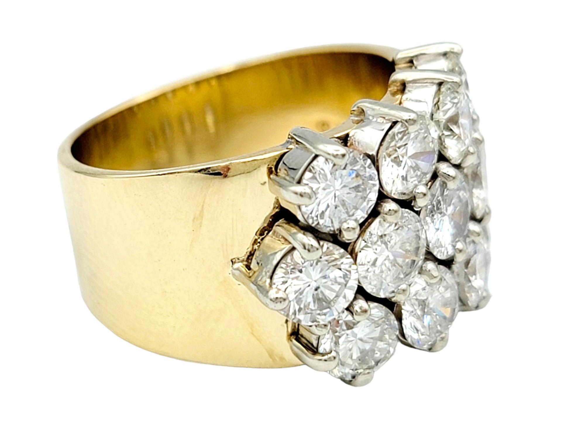 Round Cut 4.36 Carat Total Round Diamond Multi-Row Wide Band Ring in 14 Karat Yellow Gold  For Sale