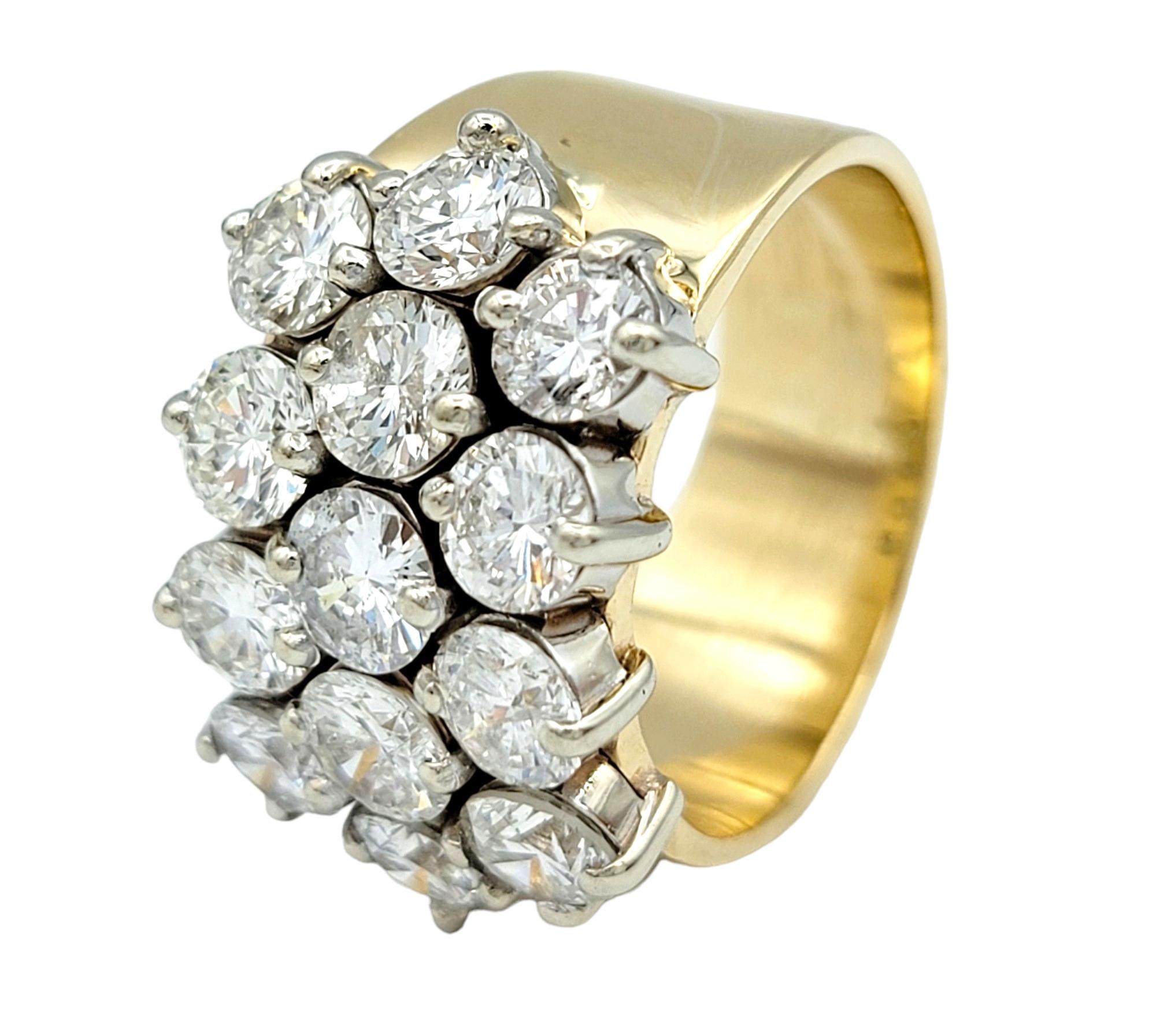 4.36 Carat Total Round Diamond Multi-Row Wide Band Ring in 14 Karat Yellow Gold  In Good Condition For Sale In Scottsdale, AZ