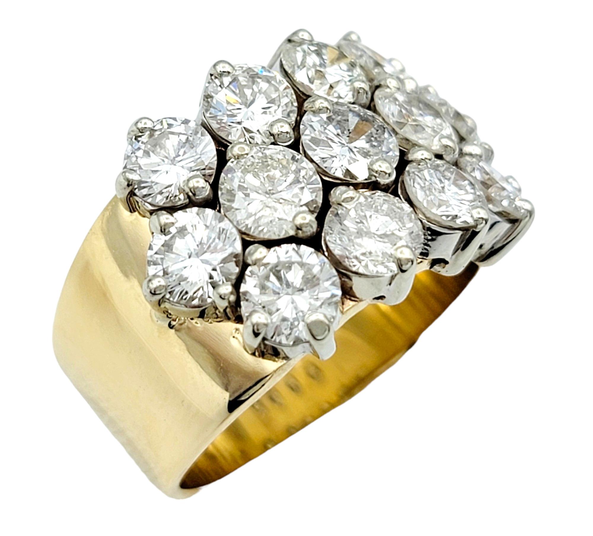 Women's 4.36 Carat Total Round Diamond Multi-Row Wide Band Ring in 14 Karat Yellow Gold  For Sale