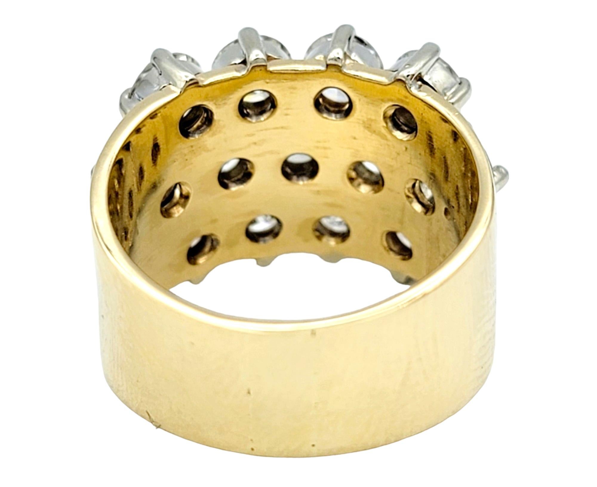 4.36 Carat Total Round Diamond Multi-Row Wide Band Ring in 14 Karat Yellow Gold  For Sale 1