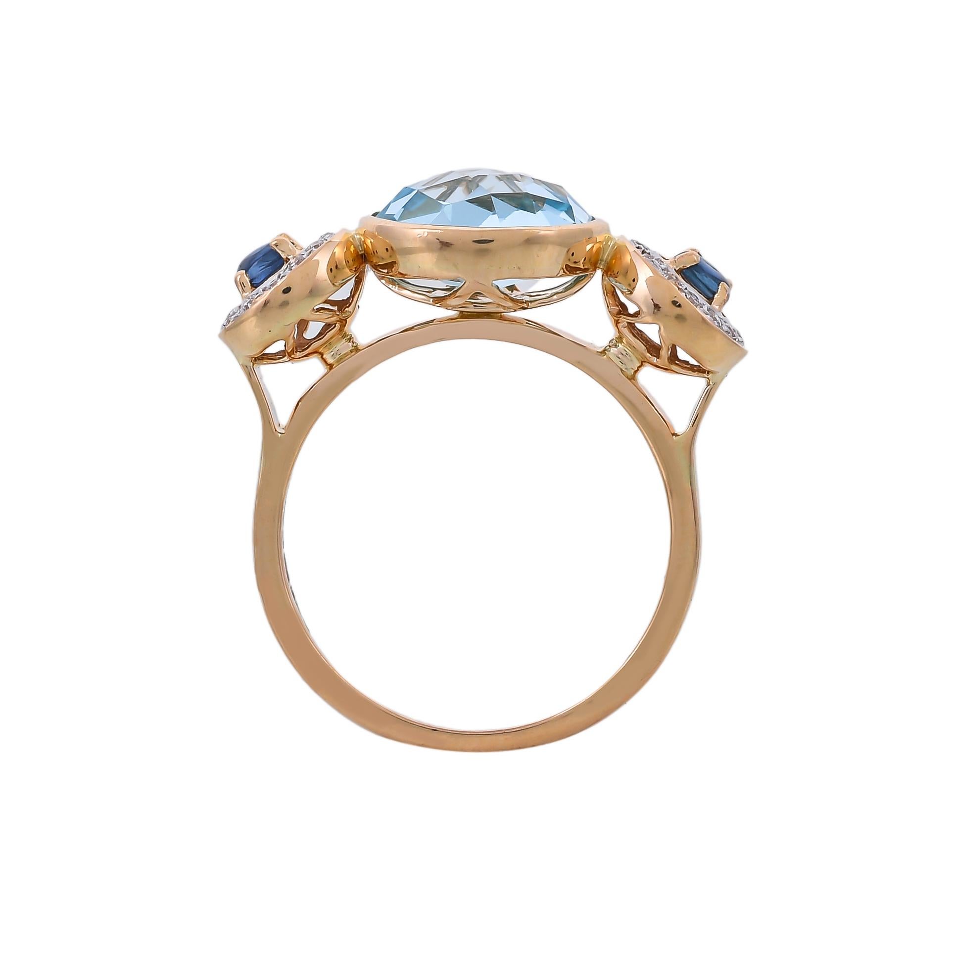 Mounted in 18 karats yellow gold, this simple and elegant ring is from the collection 'Bonbon'. This ring revolves around simplistic designs concept with just accents of 0.16 carats diamonds, 0.29 carats blue sapphire and 4.36 carats blue topaz.