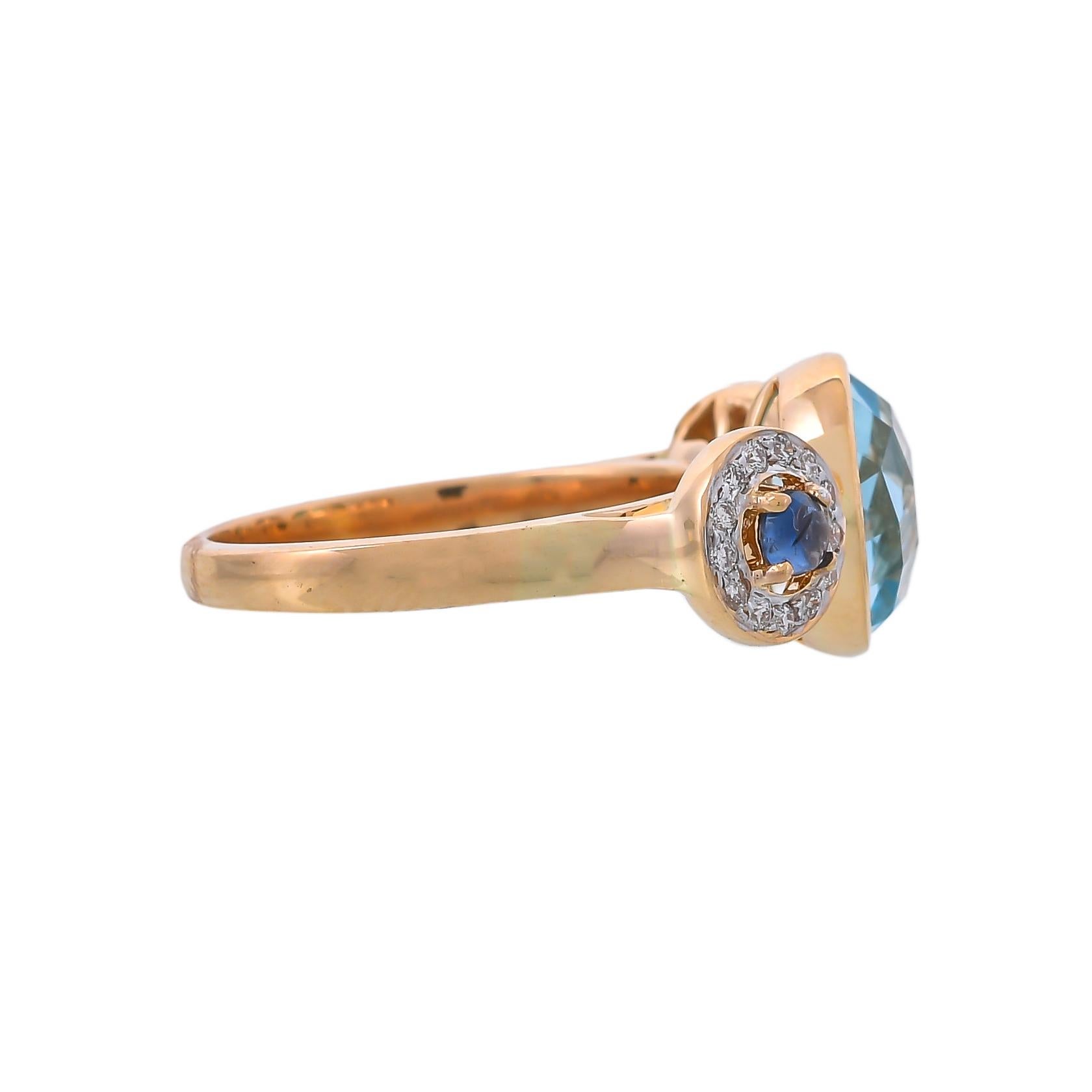 Briolette Cut 4.36 Carat Blue Topaz Blue Sapphire and Diamond 18 Karat Yellow Gold Ring For Sale