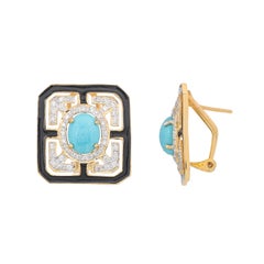 4.36 Carats Turquoise Black Enamel and Diamond 18kt Yellow Gold Stud Earrings