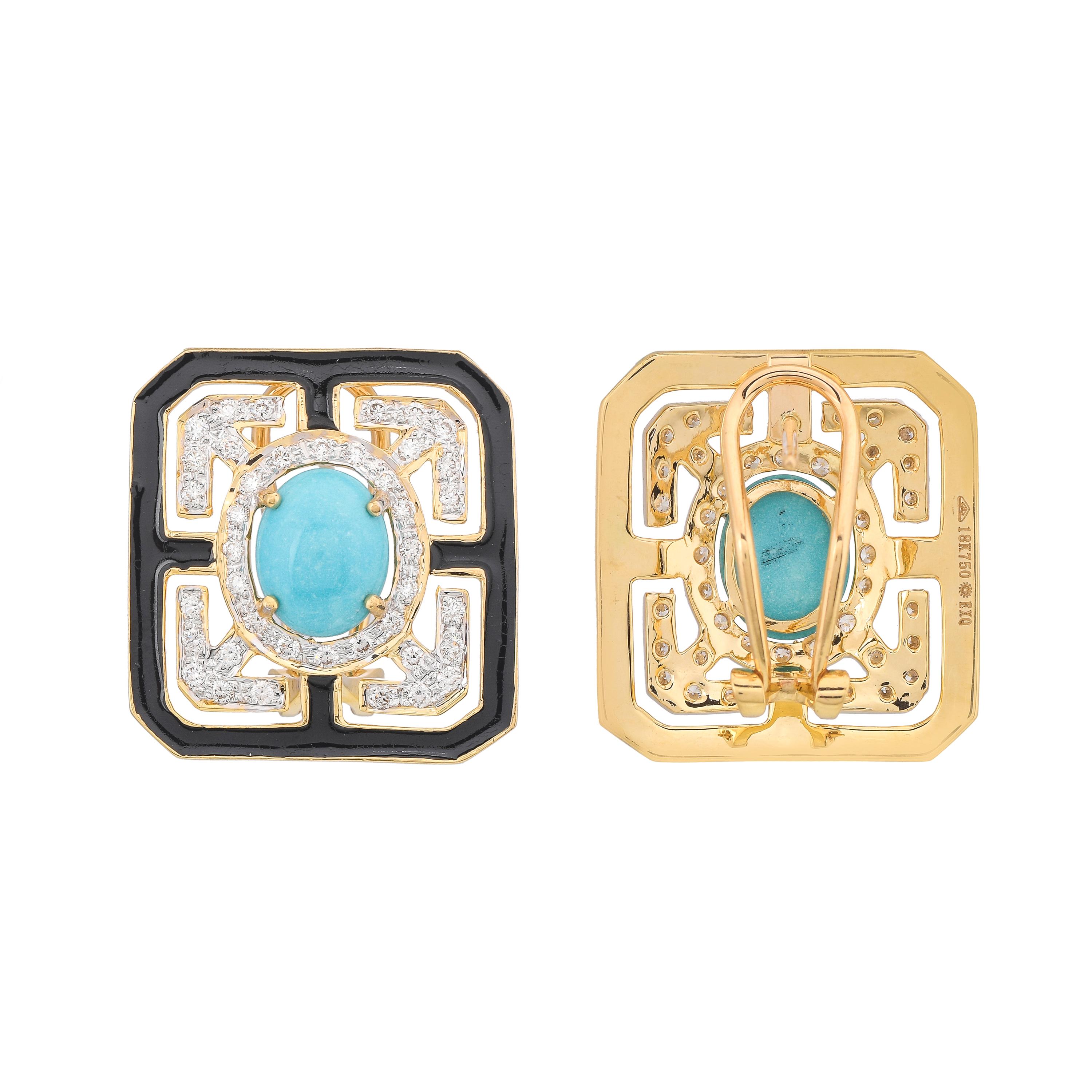 Modern 4.36 Carats Turquoise Black Enamel and Diamond 18kt Yellow Gold Stud Earrings For Sale