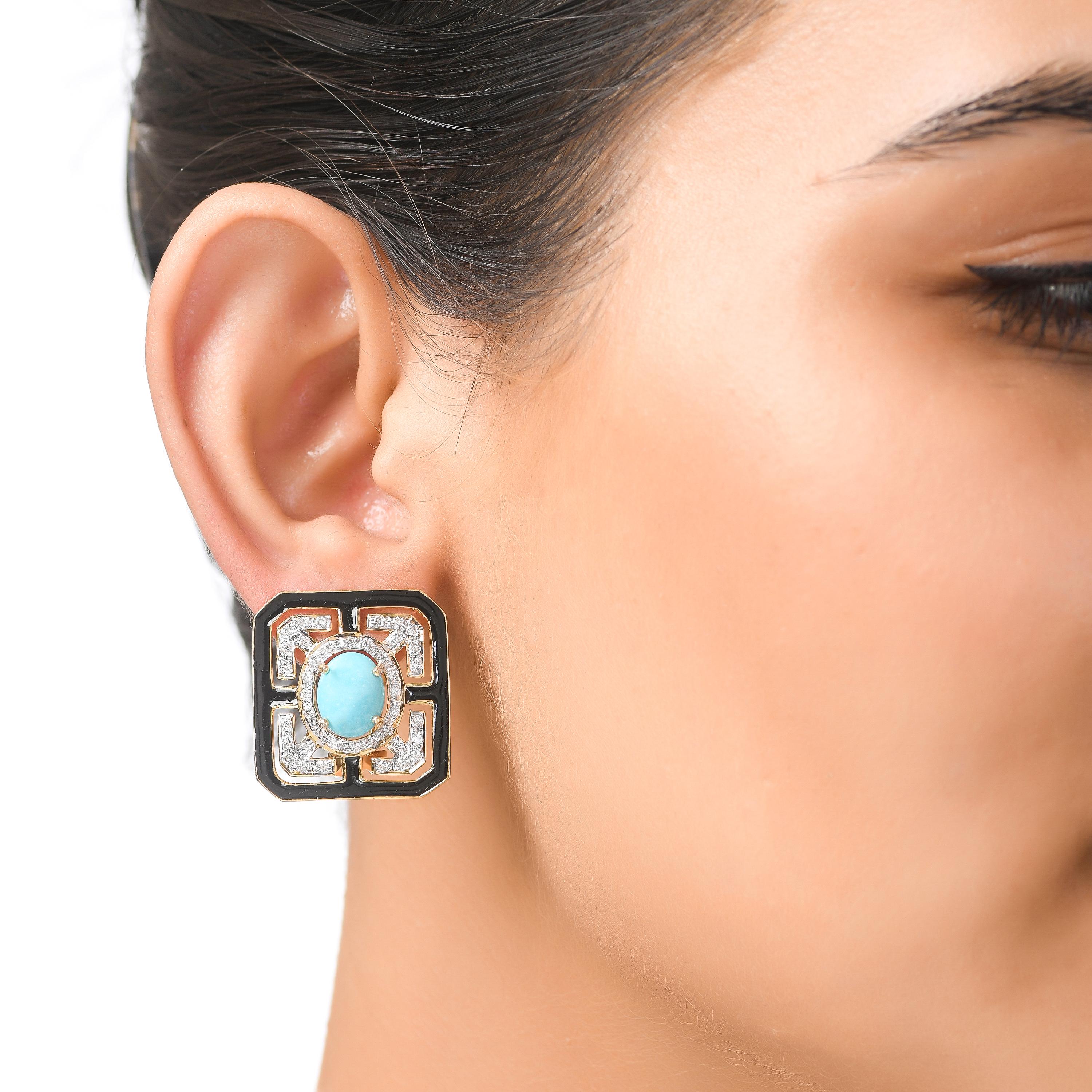 Cabochon 4.36 Carats Turquoise Black Enamel and Diamond 18kt Yellow Gold Stud Earrings For Sale