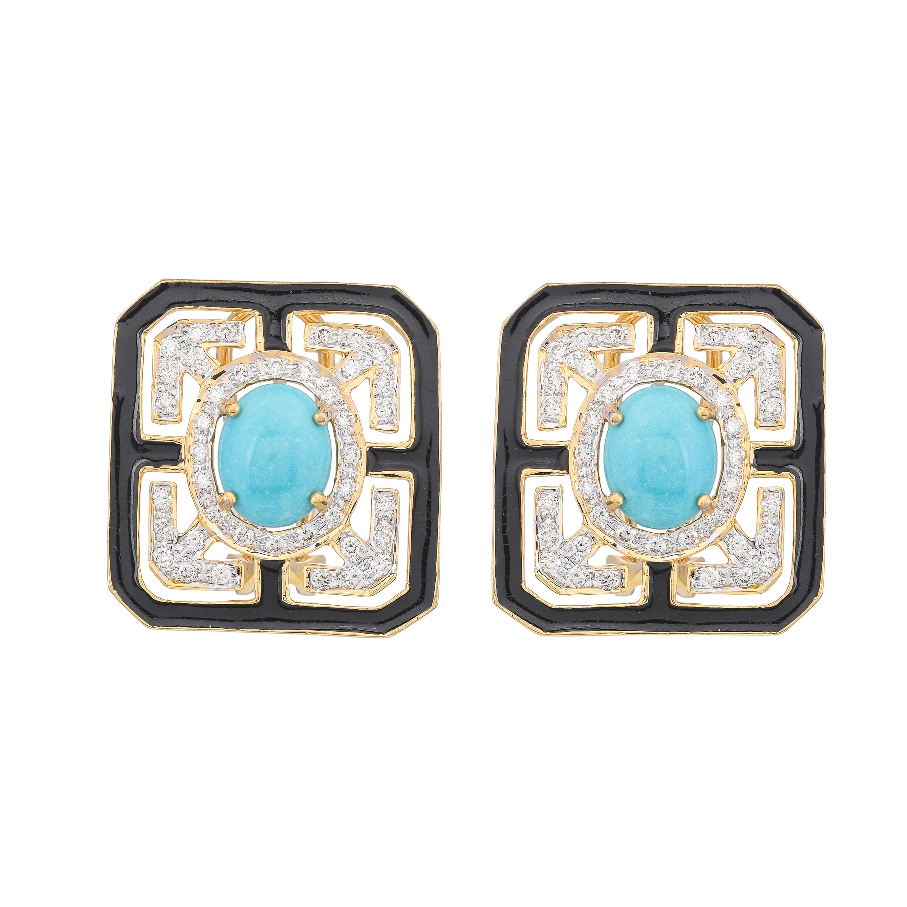 4.36 Carats Turquoise Black Enamel and Diamond 18kt Yellow Gold Stud Earrings In New Condition For Sale In Jaipur, Jaipur