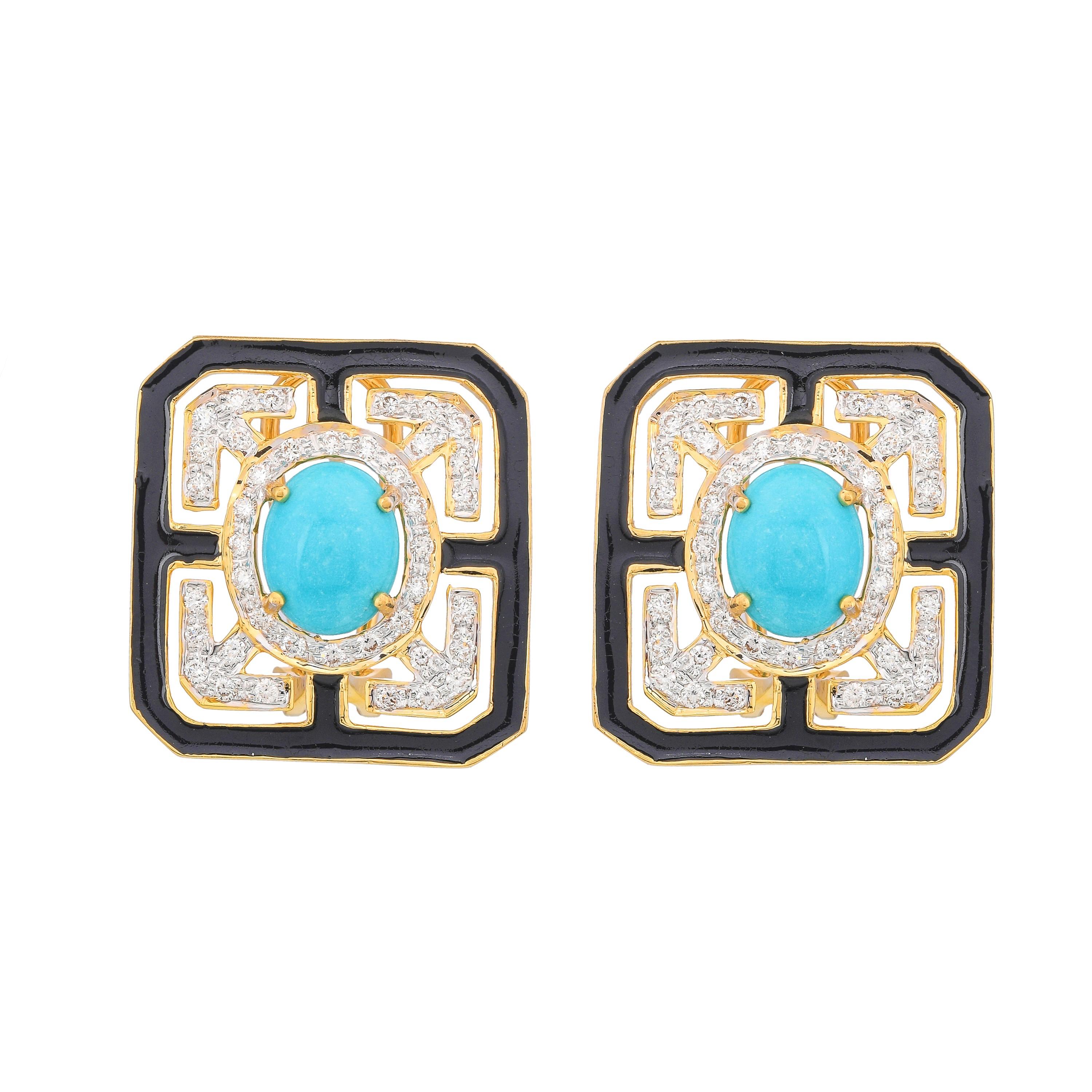 4.36 Carats Turquoise Black Enamel and Diamond 18kt Yellow Gold Stud Earrings For Sale