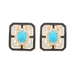 4.36 Carats Turquoise Black Enamel and Diamond 18kt Yellow Gold Stud Earrings