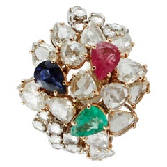 4.36 ct Emerald Blue Sapphire Ruby Drops, Diamonds, White/Rose Gold Fashion Ring