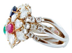 4.36 ct Emerald Blue Sapphire Ruby Drops, Diamonds, White/Rose Gold Fashion Ring