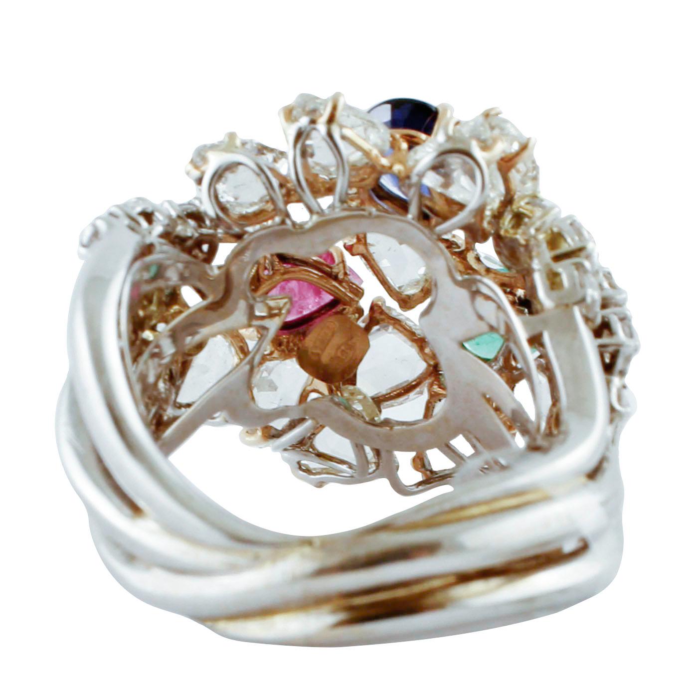 Retro 4.36 ct Emerald Blue Sapphire Ruby Drops, Diamonds, White/Rose Gold Fashion Ring