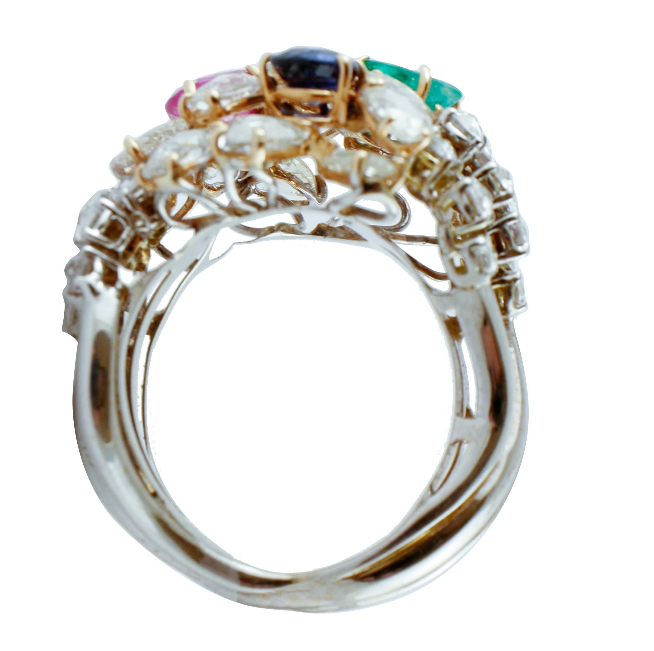 Mixed Cut 4.36 ct Emerald Blue Sapphire Ruby Drops, Diamonds, White/Rose Gold Fashion Ring