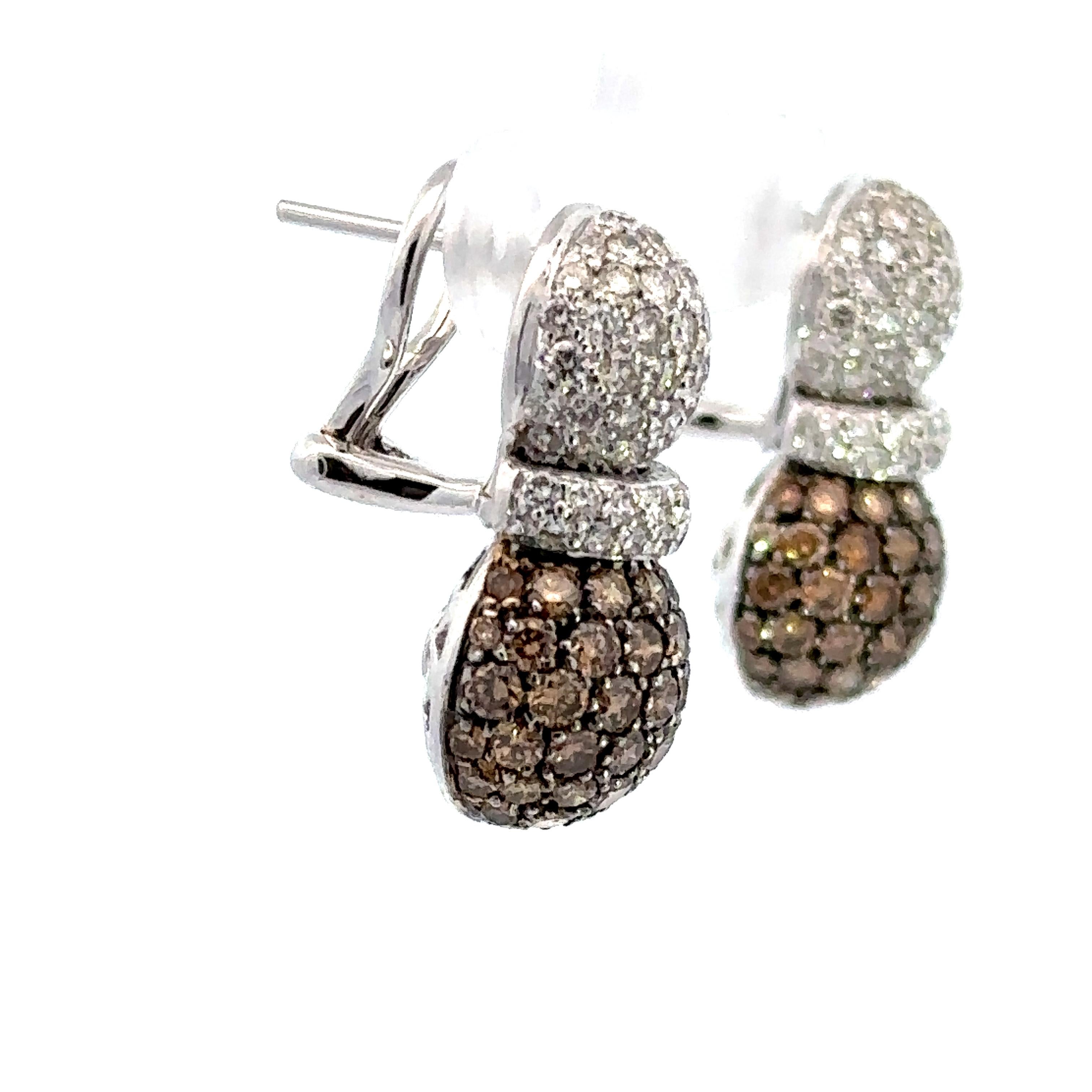 Contemporary 4.36ct of Natural Brown & White Diamond, Pineapple Earrings in 18kt White Gold  For Sale