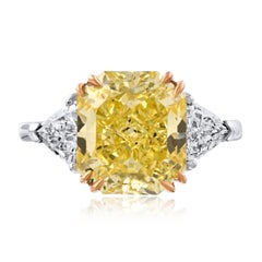 4.36ct Three Stone Radiant Cut Fancy Intense Yellow Diamond Engagement Ring