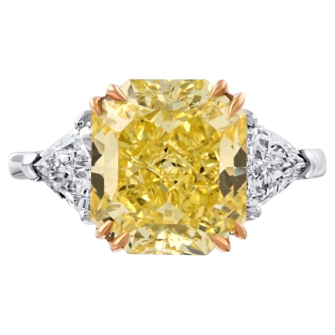 4.36ct Three Stone Radiant Cut Fancy Intense Yellow Diamond Engagement Ring
